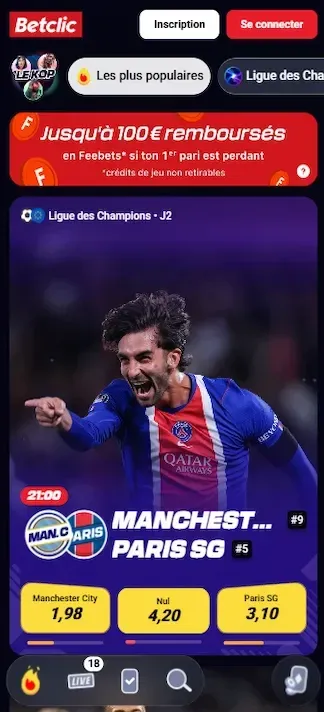 Page d'accueil de Betclic sur mobile