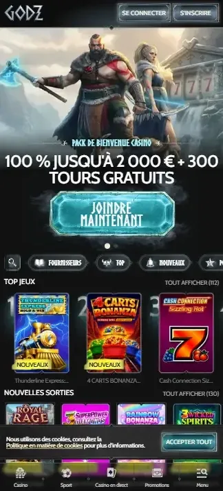 Page d'accueil de Godz Casino sur mobile