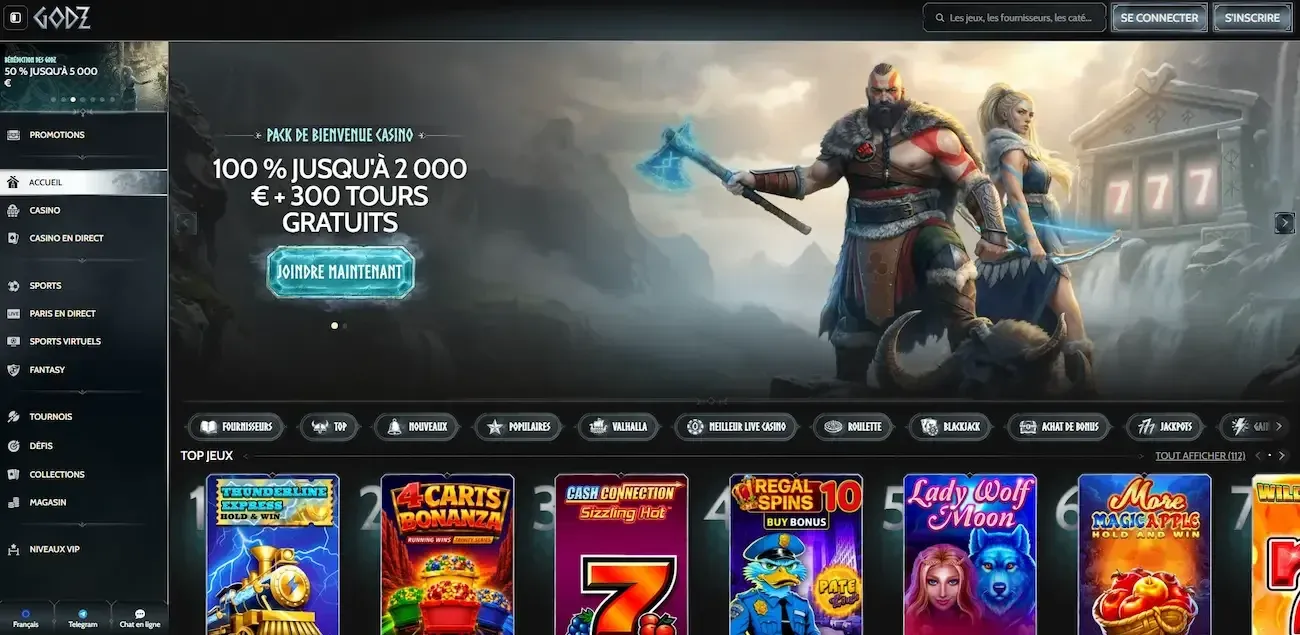 Page d'accueil de Godz Casino sur ordinateur