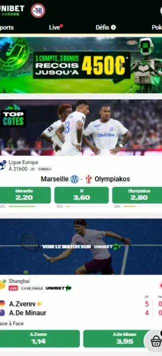Page d'accueil d'Unibet sur mobile