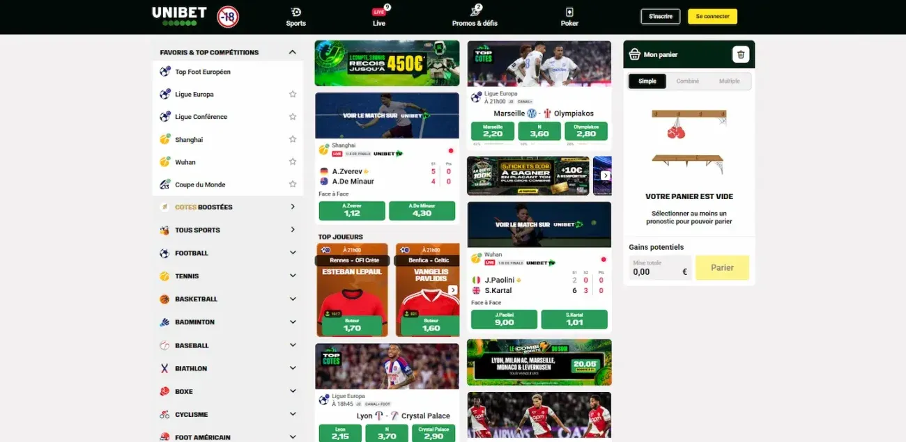 Page d'accueil d'Unibet sur ordinateur