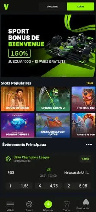 Page d'accueil de Velobet sur mobile
