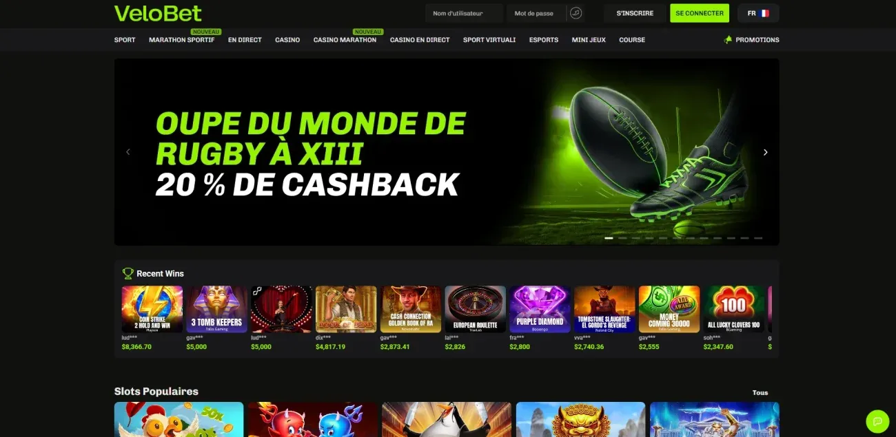 Page d'accueil de Velobet sur ordinateur